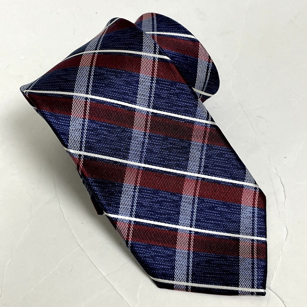 Pronto Uomo Necktie Mens XL Blue Maroon White Plaid Preppy Silk Dark Academia